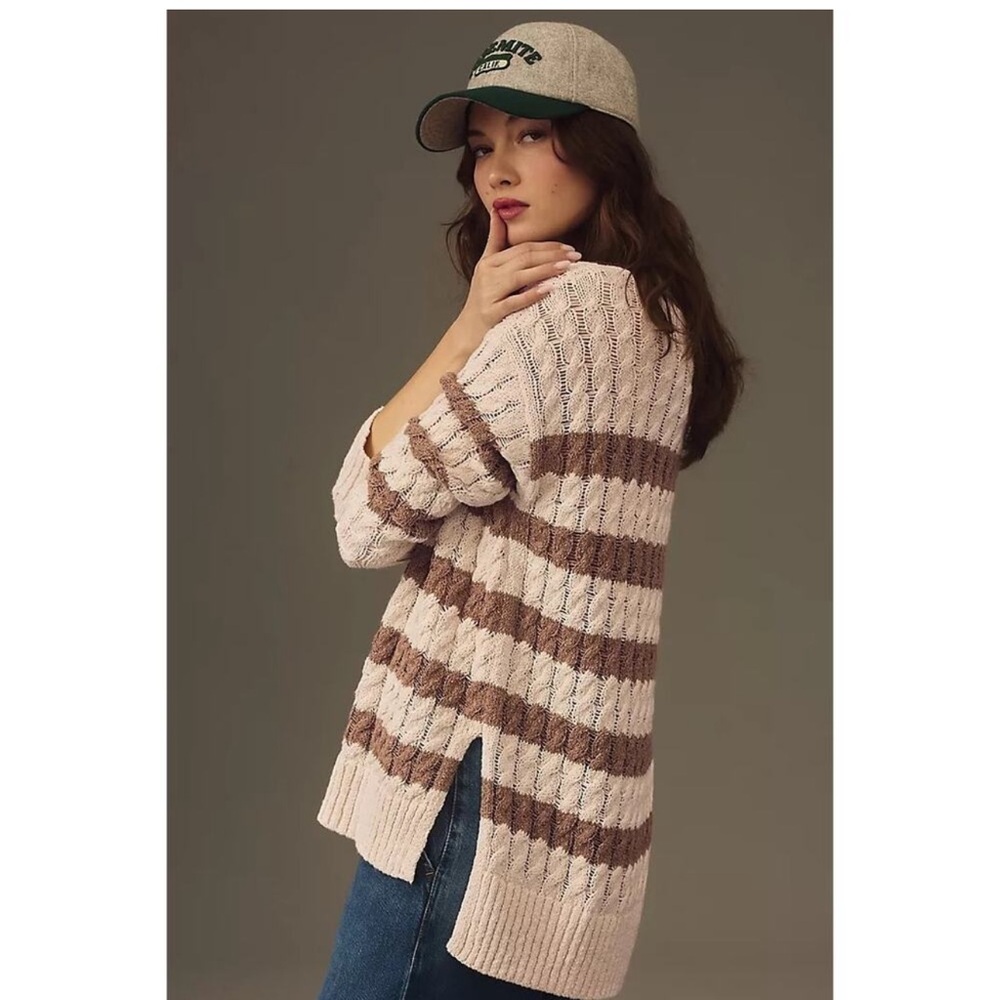 Pilcro by Anthropologie Longline Stitch Sweater Ivory Beige Stripe Cable Knit
